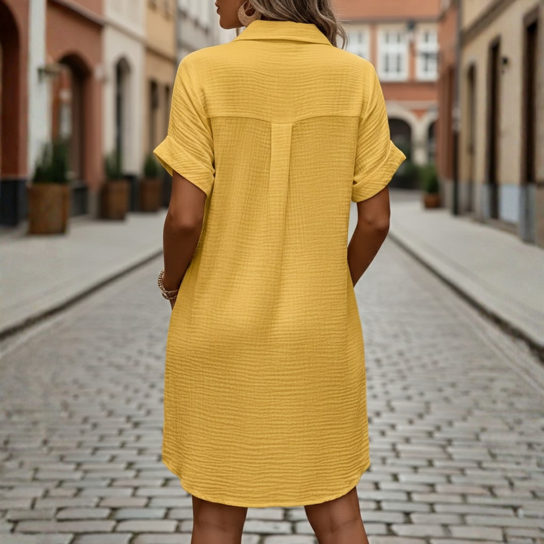 Mini Dress with V-Neck and 3/4 Sleeves in Cotton and Linen for Women