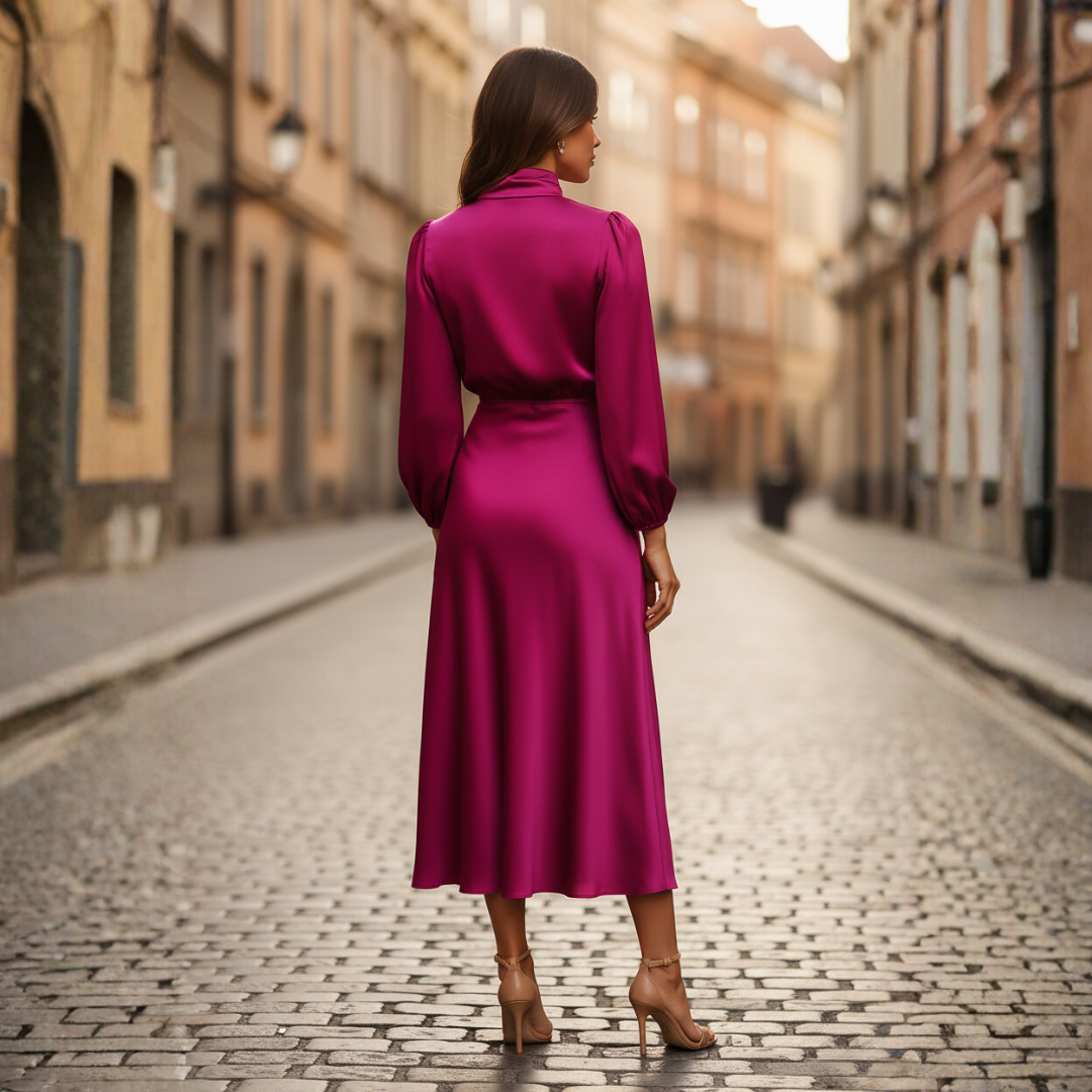 Women's Satin Midi Dress with High Collar
