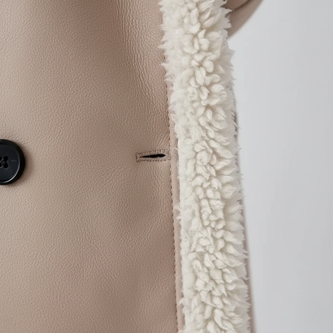 Women's Synthetic Leather Coat with Fur Collar and Buttons