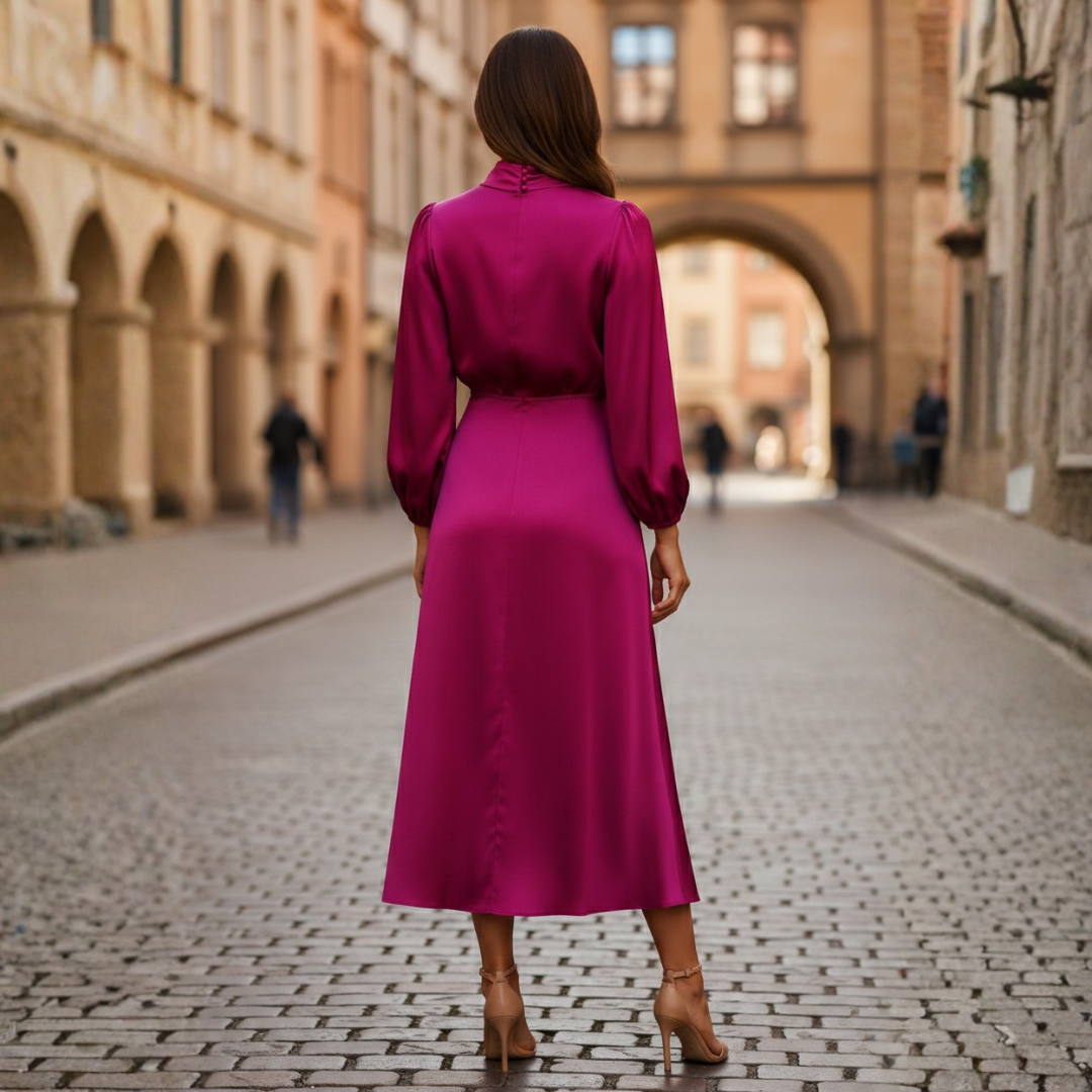 High-Waisted Midi Dress with Mock Neck and Lantern Sleeves for Women