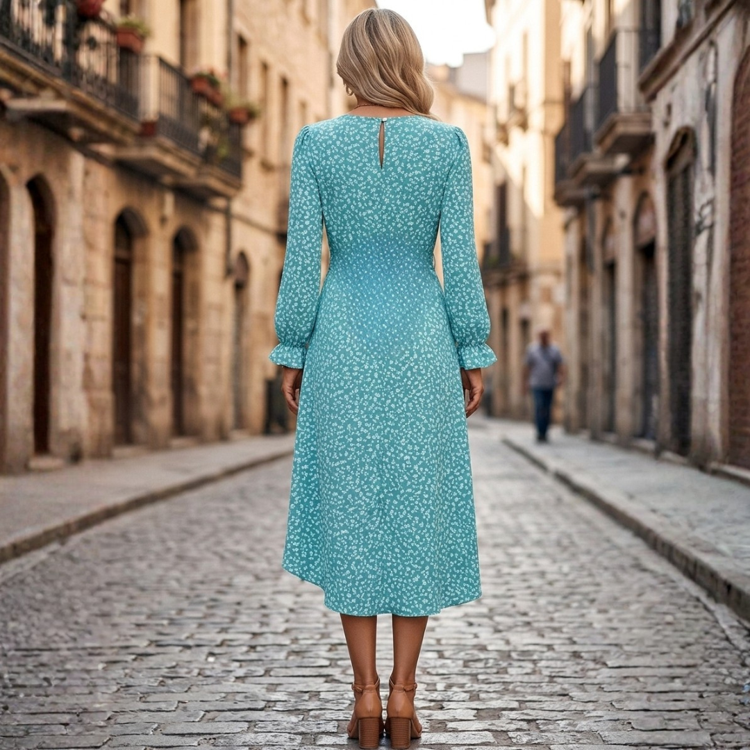 Women's Floral Midi Dress with V-Neck and Long Sleeves