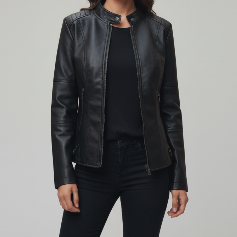 Women's Biker Jacket with Mandarin Collar