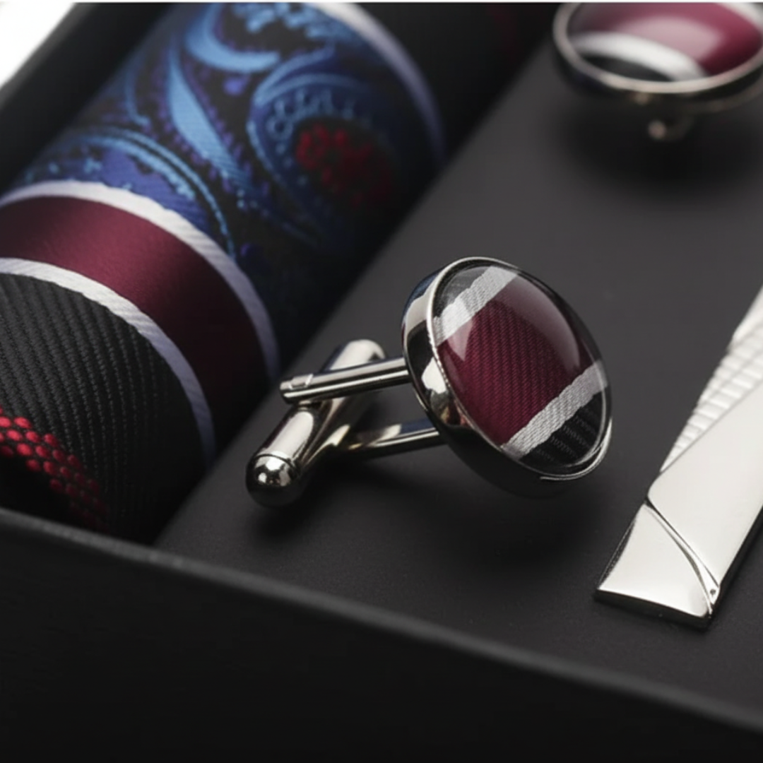 Men's Silk Paisley Red Blue Tie Set