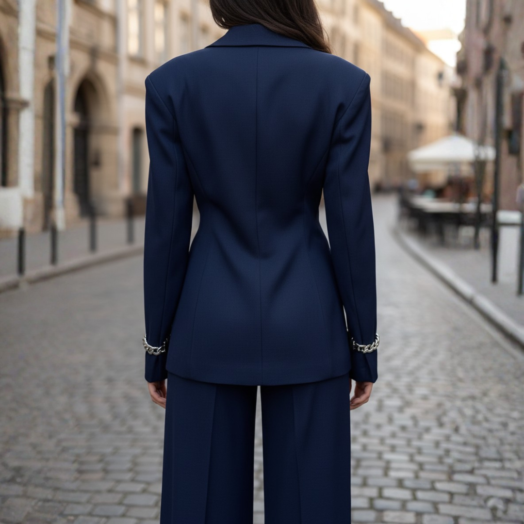 Women's Single-Breasted Blazer and High-Waisted Wide-Leg Pants Set