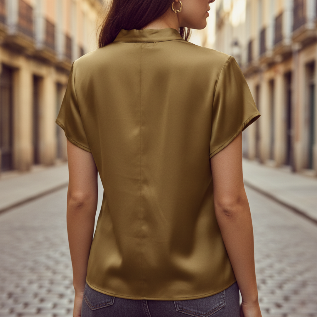 Women's Satin Blouse Short Sleeves Cowl Neck