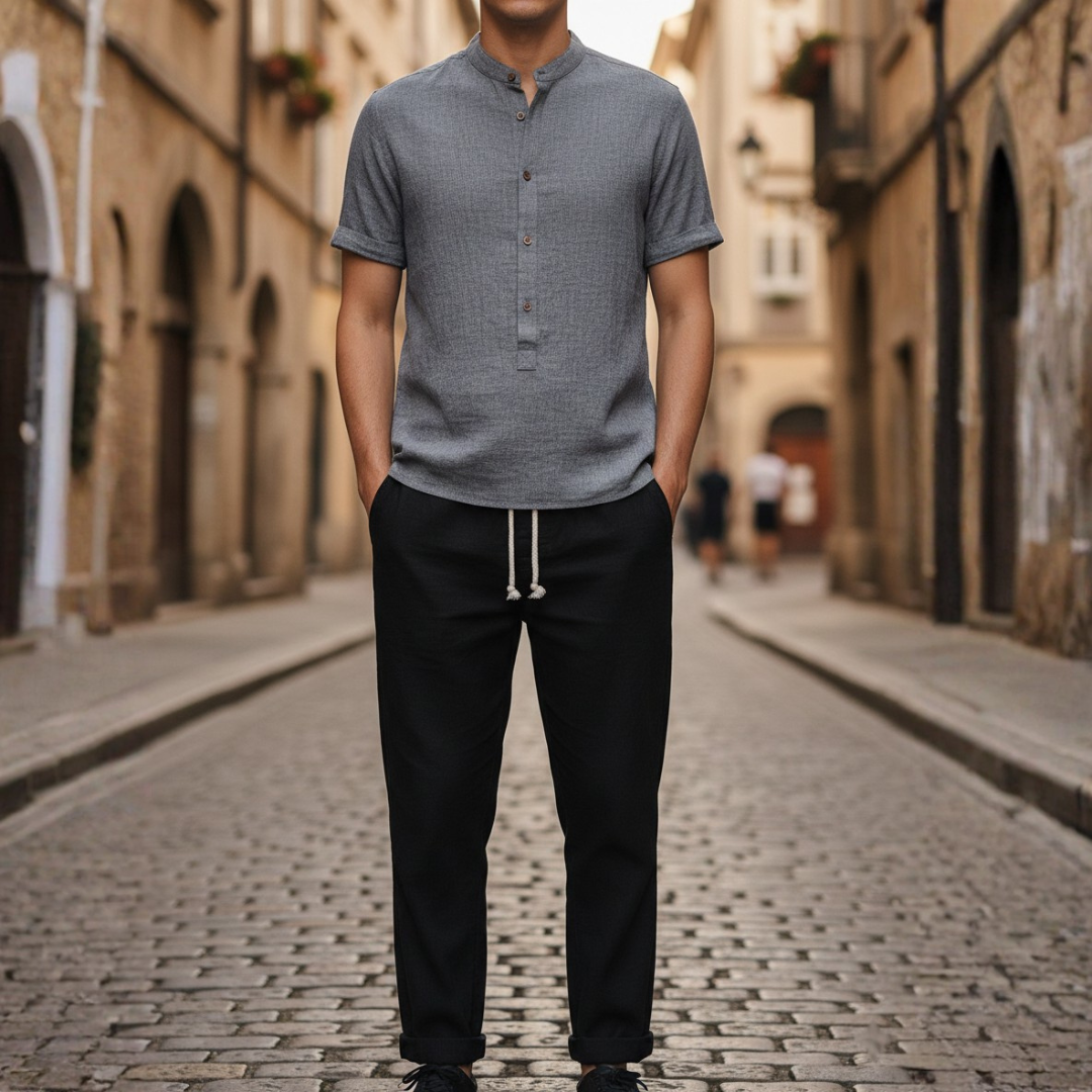 Men's Linen Shirt Set with Mandarin Collar and Short Sleeves Slim Fit