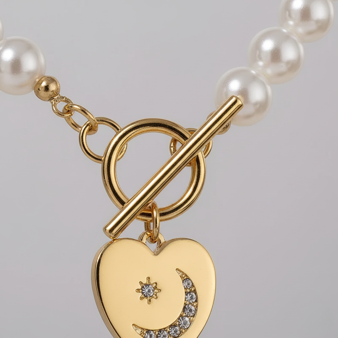 Women's Necklace and Bracelet Set with Artisan Pearls and Heart