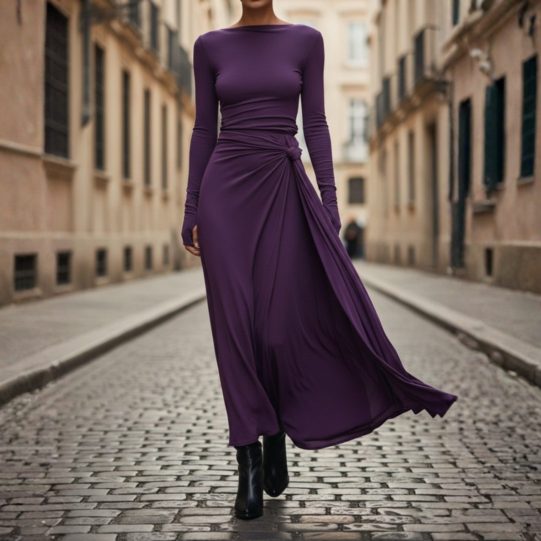 Women's Slim Fit Maxi Dress with Side Knot and Long Sleeves