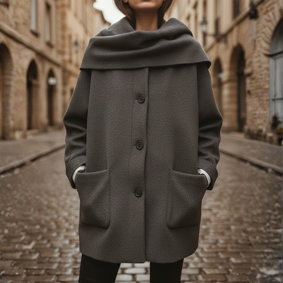 Short Women's Coat Made of High-Quality Material with Hood and Oversized Cape