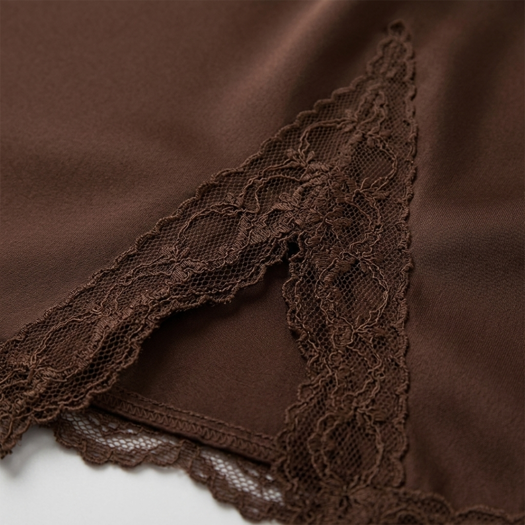 Women's Mini Skirt in Satin with Lace Hem and Slit