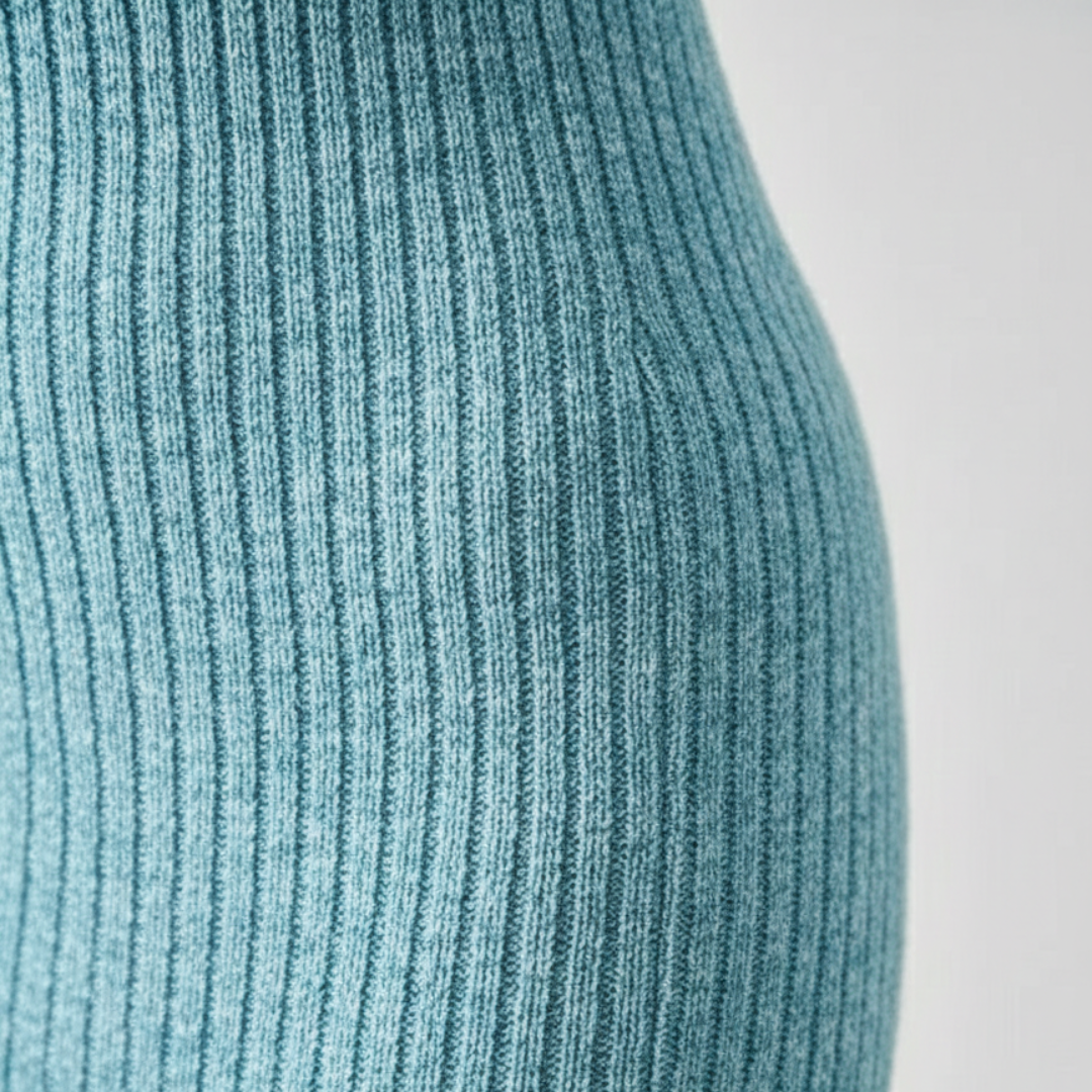Fitted Midi Dress with Square Neckline and Short Ribbed Sleeves for Women