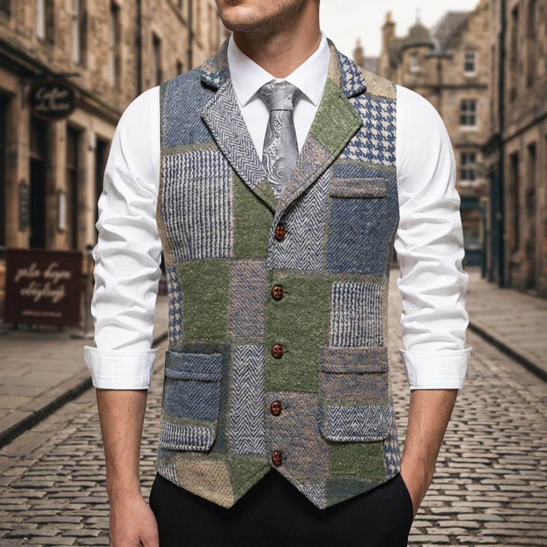 Elegant Slim Fit Tweed Men's Waistcoat Patchwork
