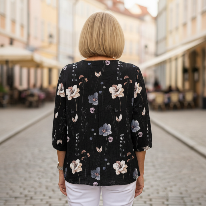 Blusa da donna con stampa floreale, bottoni, scollo a V e maniche a tre quarti