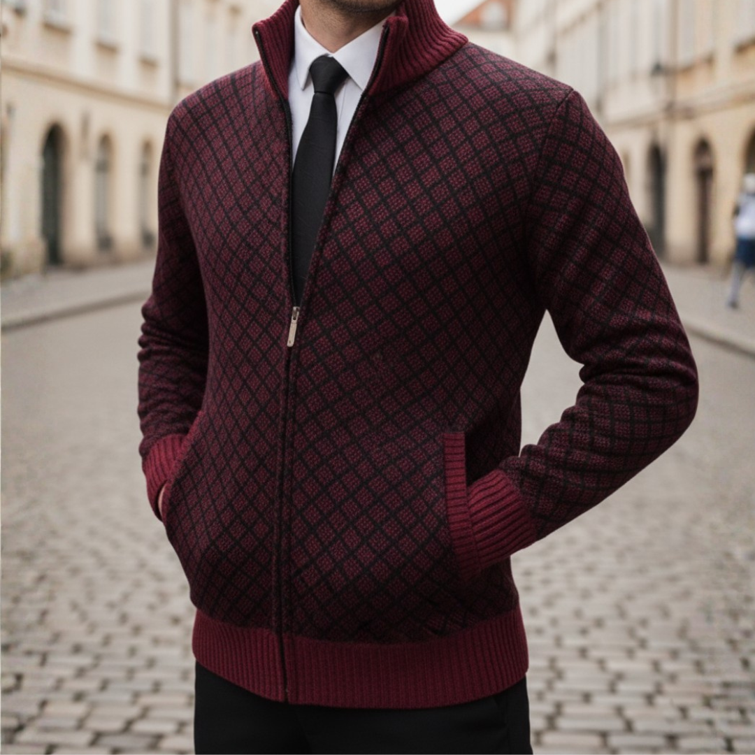 Men's Cardigan with Zip and Pattern in High-Quality Material with High Collar