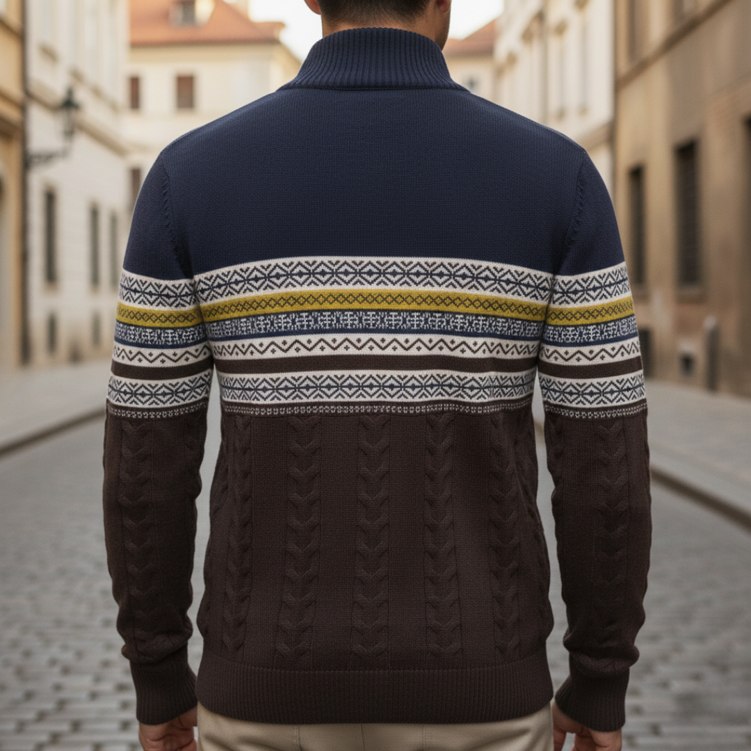 Men's Half Zip Sweater in Mixed Fabric Pattern