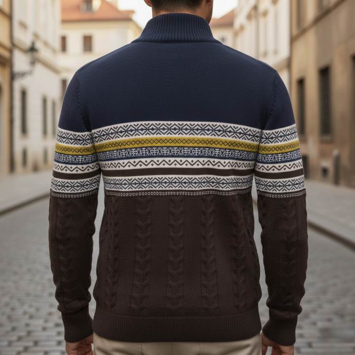 Men's Half Zip Sweater in Mixed Fabric Pattern