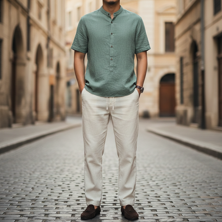 Completo camicia in lino da uomo con collo alla coreana e maniche corte slim fit