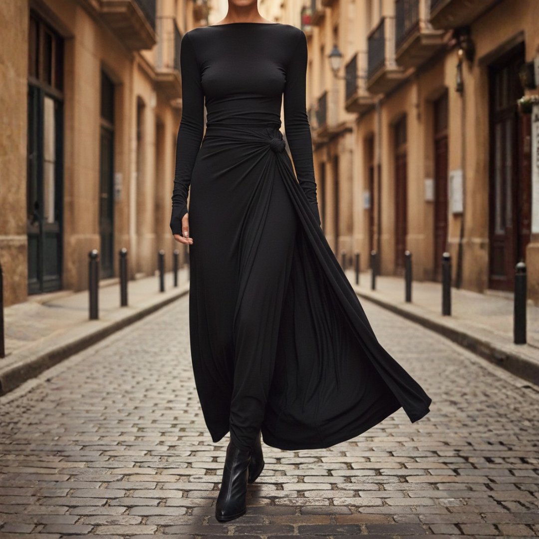 Women's Slim Fit Maxi Dress with Side Knot and Long Sleeves