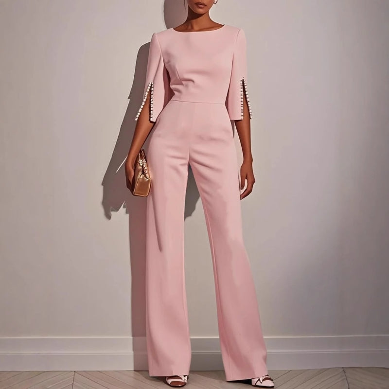 Women's Velvet Jumpsuit Wide Leg Pearl Detail Three Quarter Sleeves