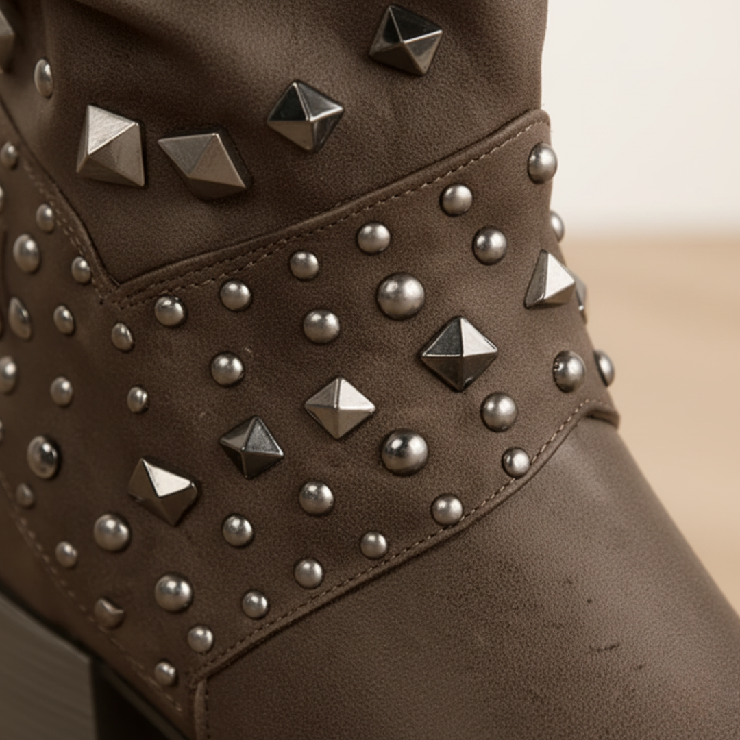 Women's Faux Leather Studded Heeled Boots