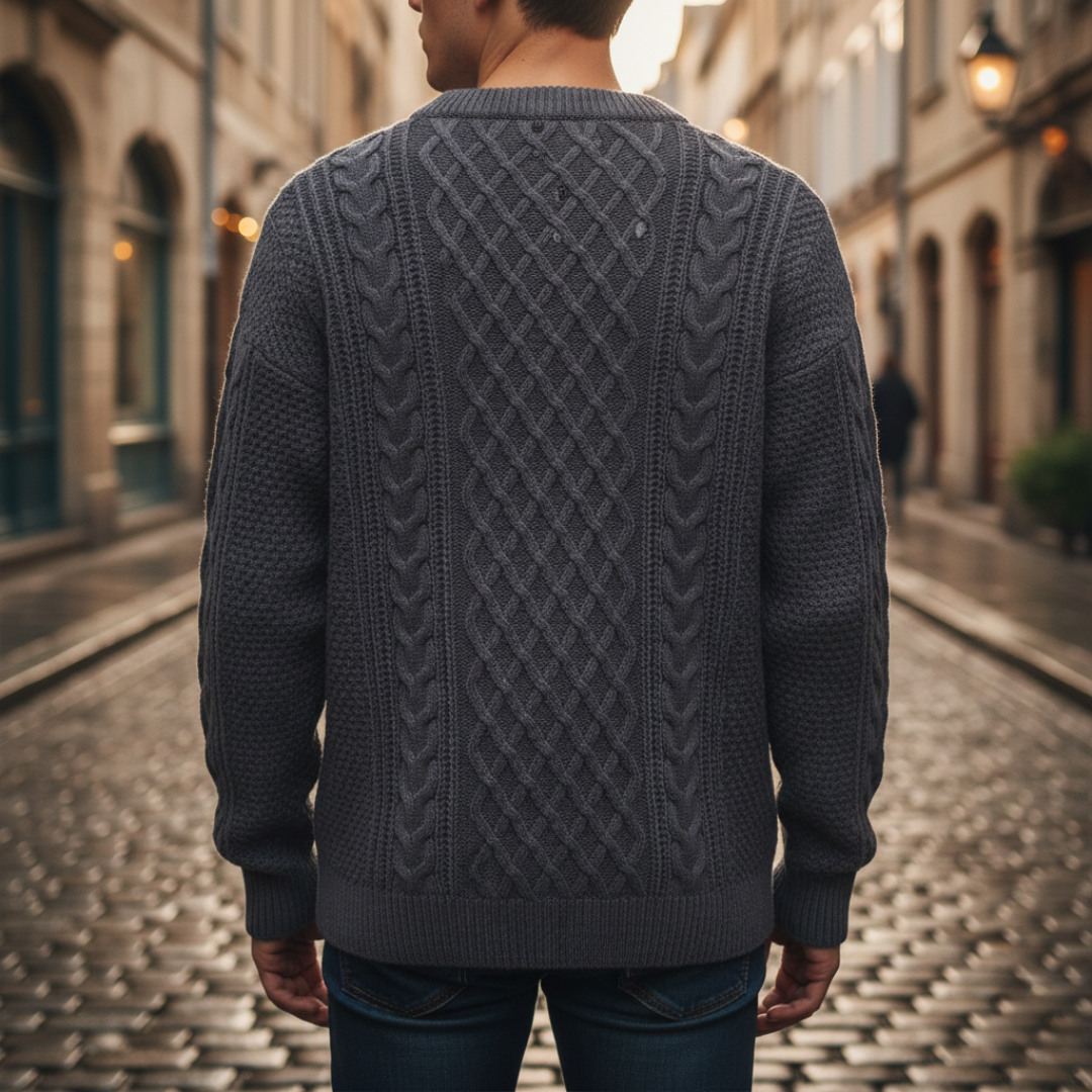 Men's Crew Neck Cable Knit Sweater in Soft Yarn