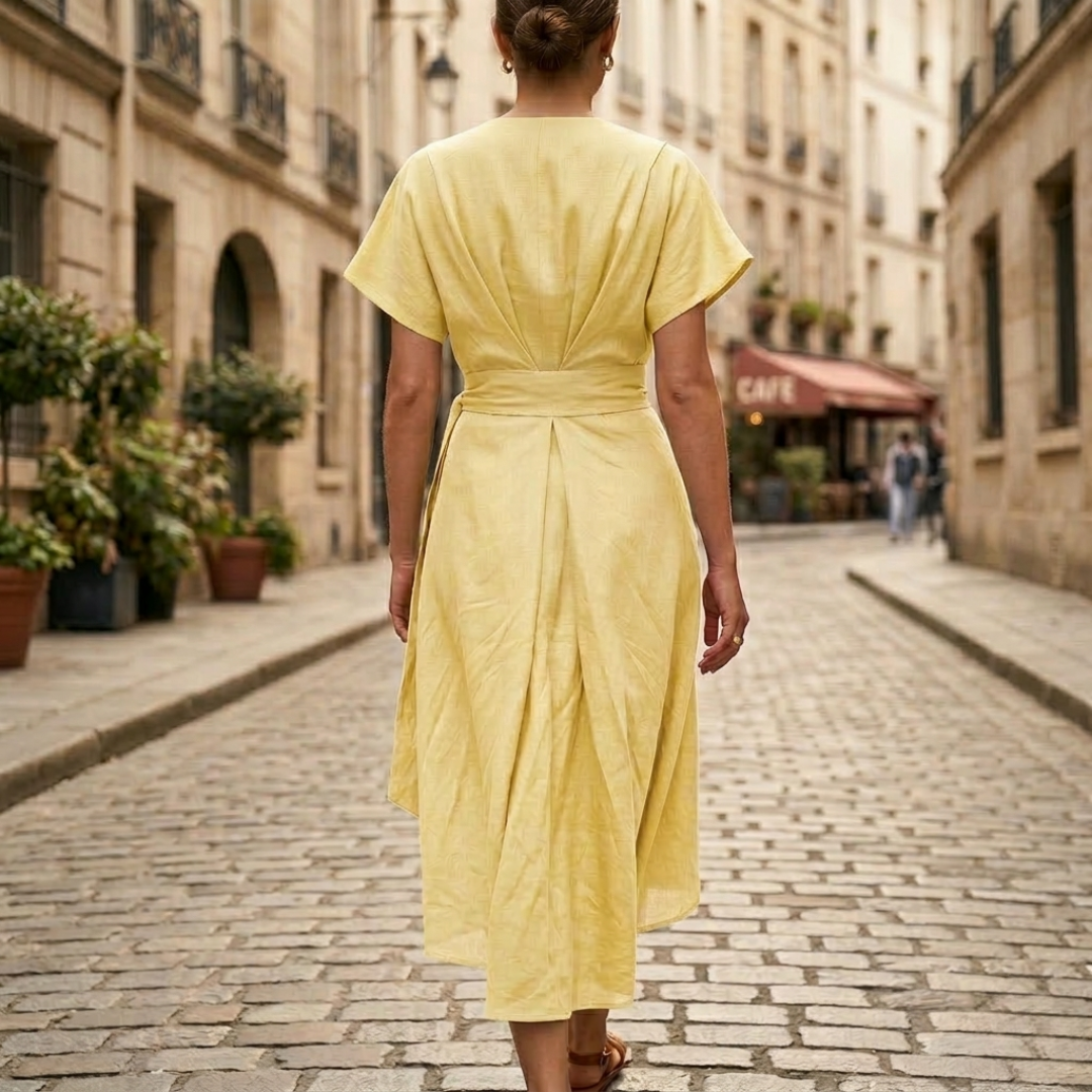 Women's Long Draped Dress with V-Neck and Short Sleeves