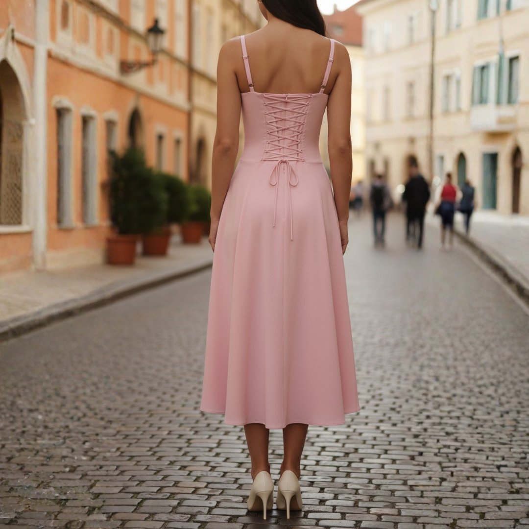 Women's Midi Dress with Laced Bodice and Flared Skirt