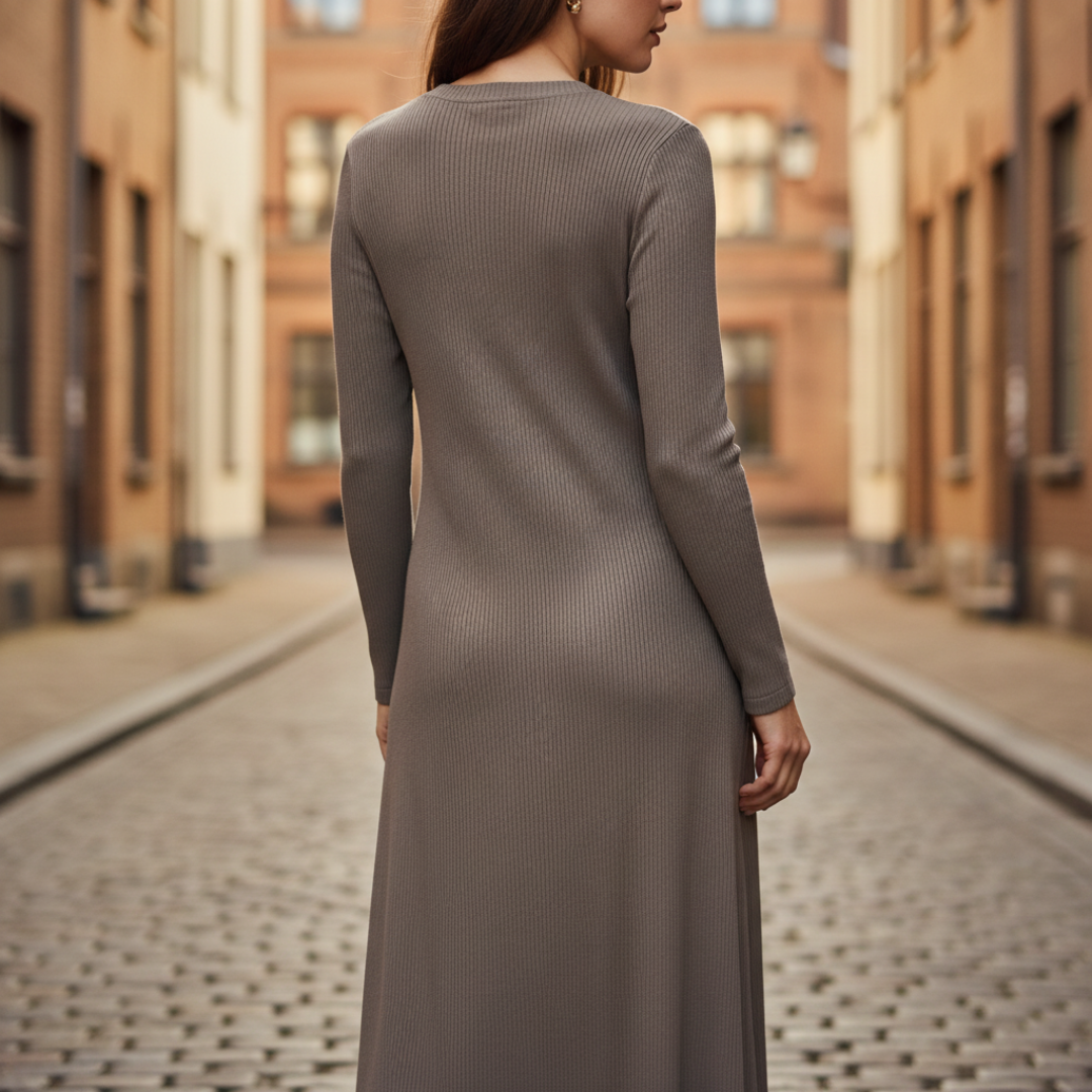 Women's Long Sleeve Maxi Dress in Ribbed Knit with Buttons