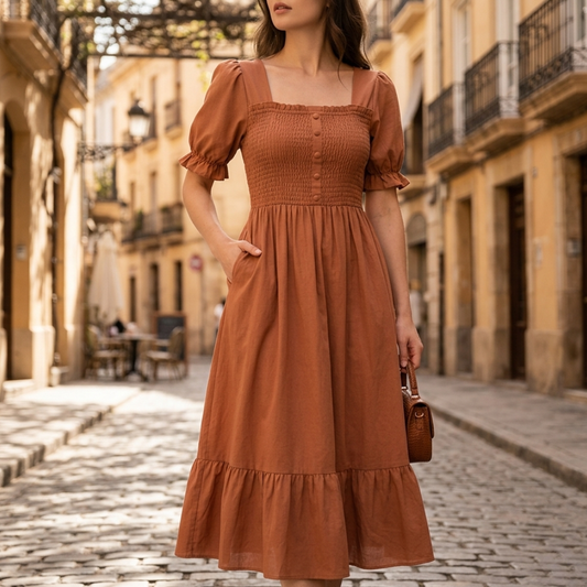 Women's Floral Draped Midi Dress with Puff Sleeves