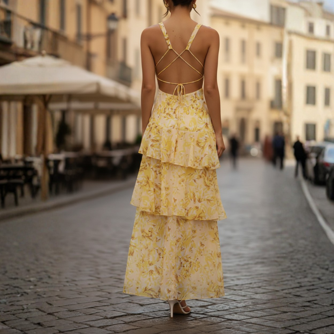 Long Women's Dress with V-Neck Ruffles Floral Print