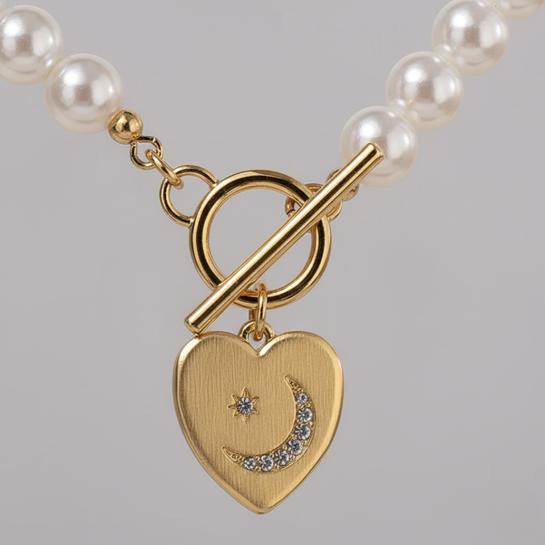 Women's Necklace and Bracelet Set with Artisan Pearls and Heart