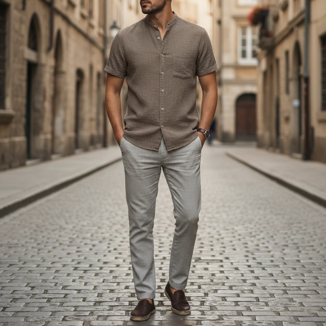 Men's Linen Short Sleeve Slim Fit Korean Collar Shirt