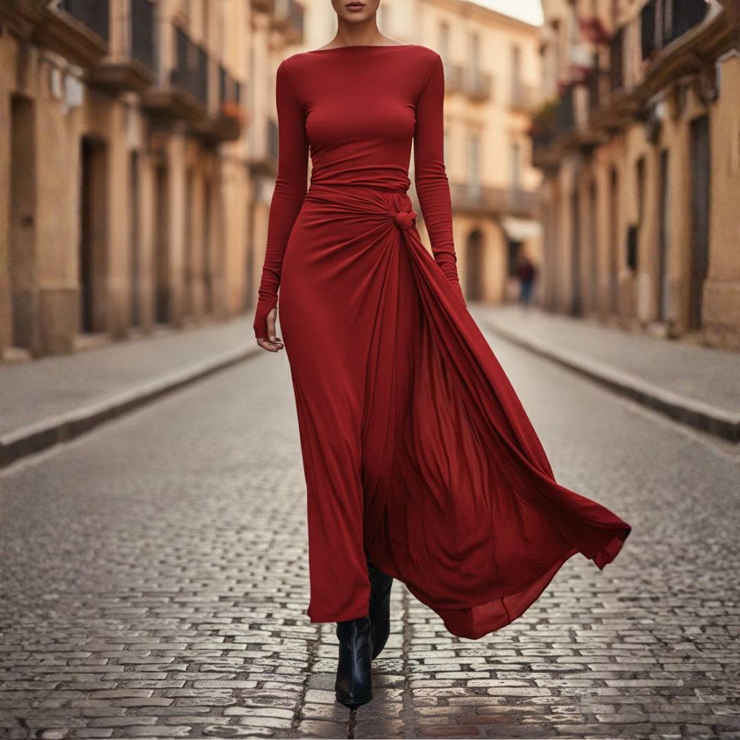 Women's Slim Fit Maxi Dress with Side Knot and Long Sleeves