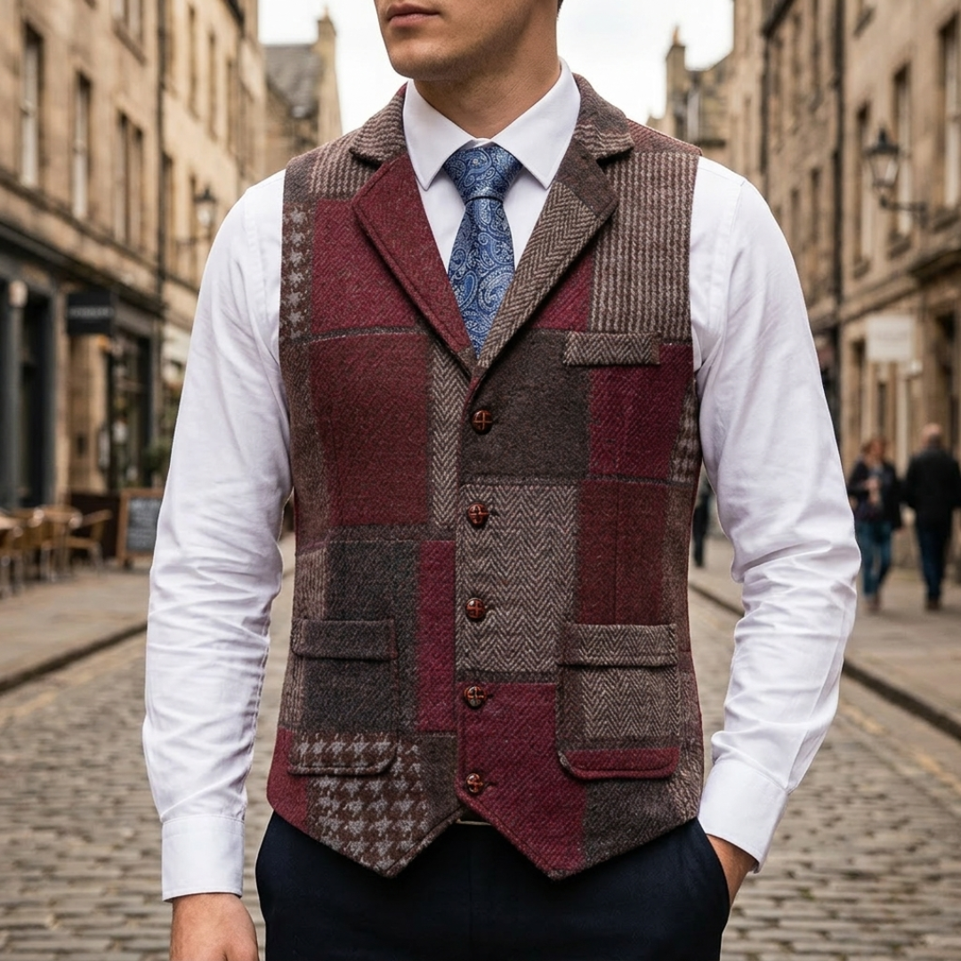 Elegant Slim Fit Tweed Men's Waistcoat Patchwork