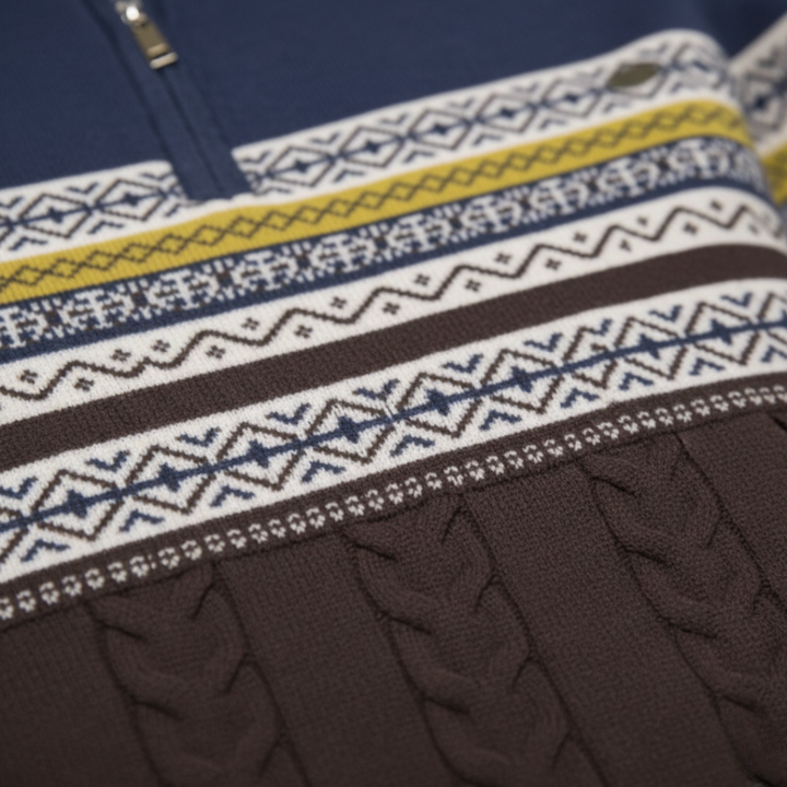 Men's Half Zip Sweater in Mixed Fabric Pattern