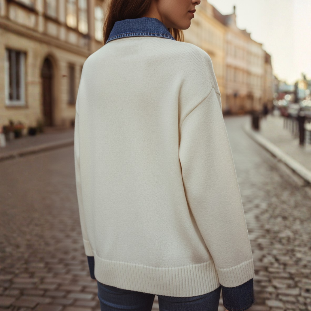 Women's Sweater with Denim Collar