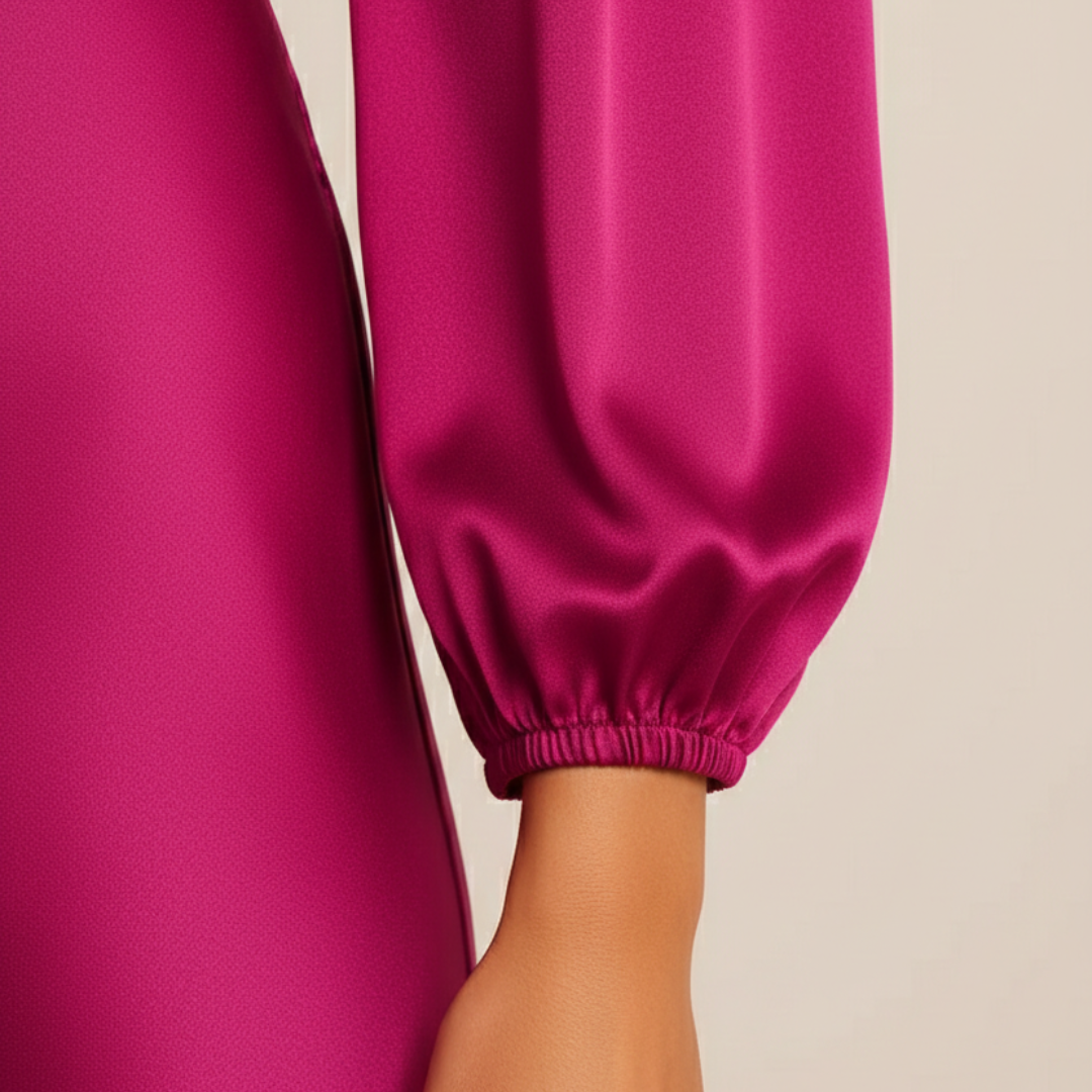 High-Waisted Midi Dress with Mock Neck and Lantern Sleeves for Women