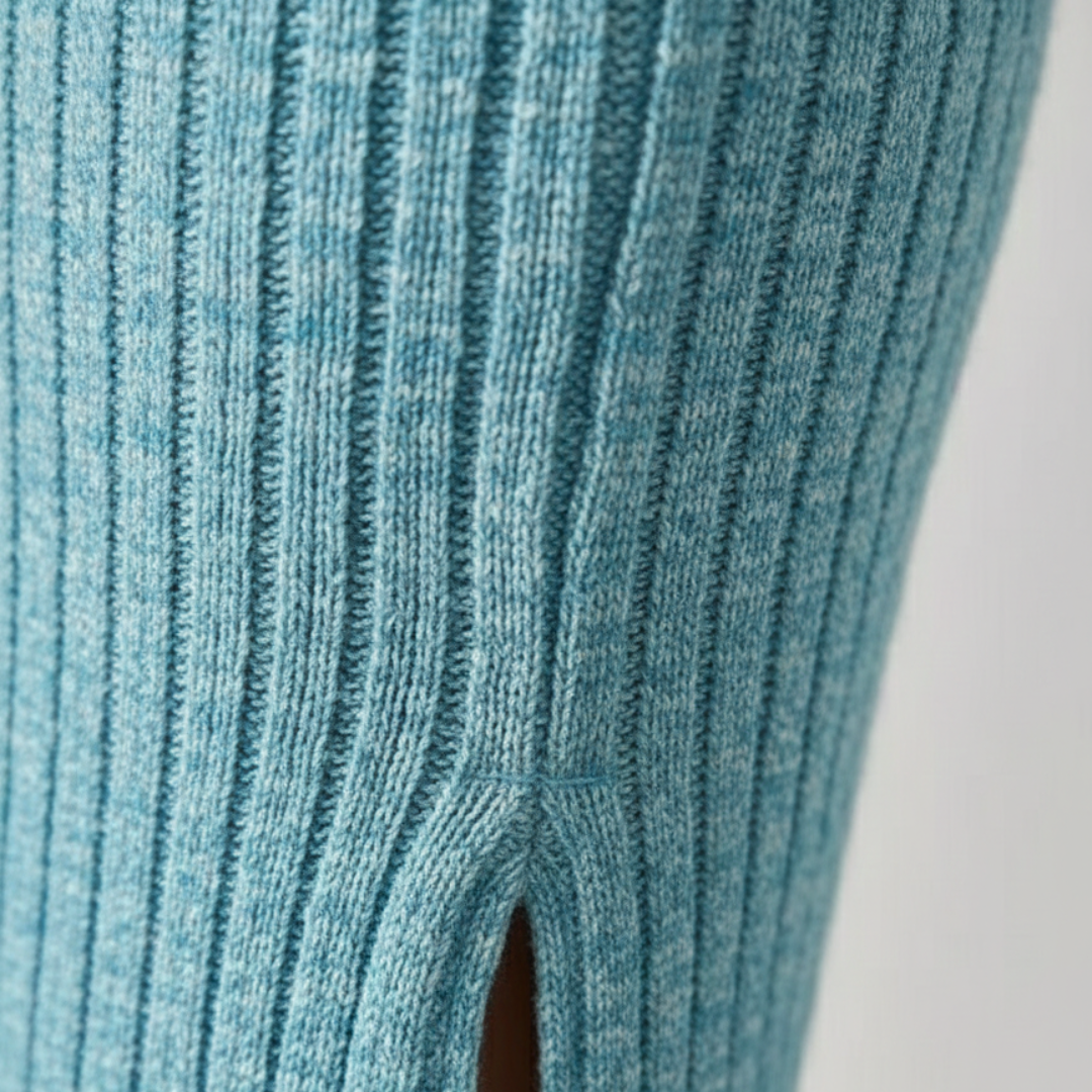 Fitted Midi Dress with Square Neckline and Short Ribbed Sleeves for Women