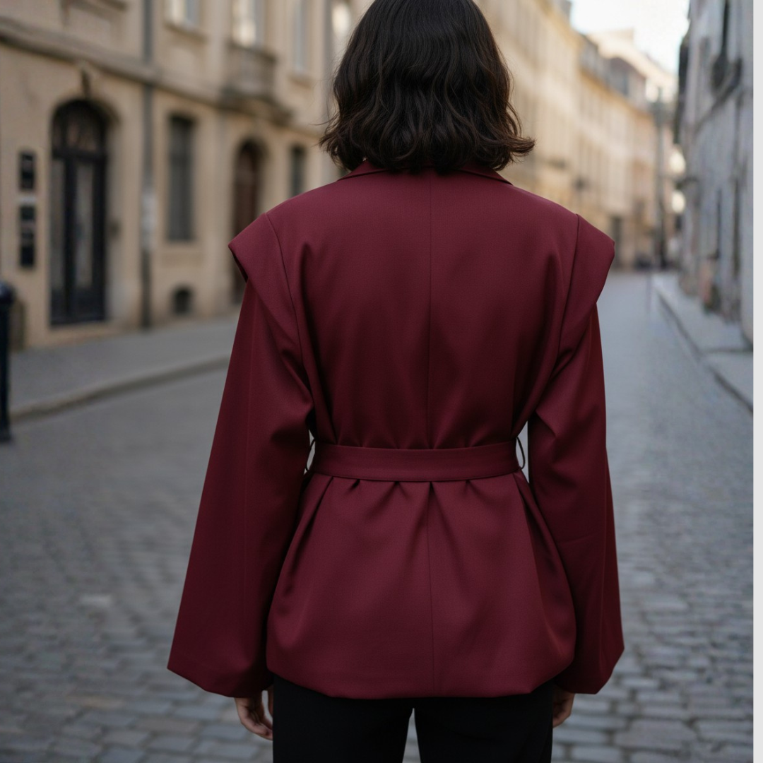 Women's Blazer Jacket with Belt and Structured Shoulders