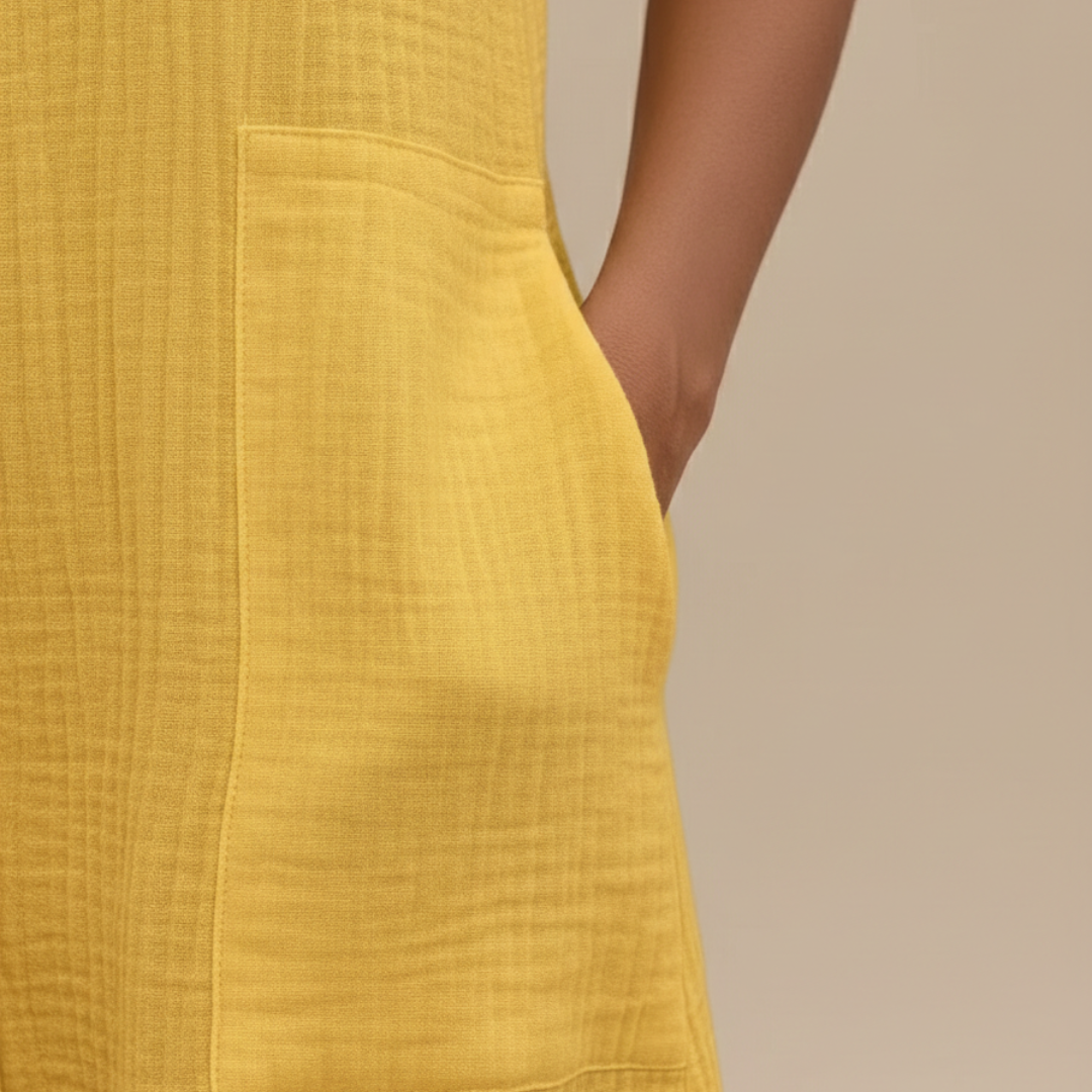Mini Dress with V-Neck and 3/4 Sleeves in Cotton and Linen for Women