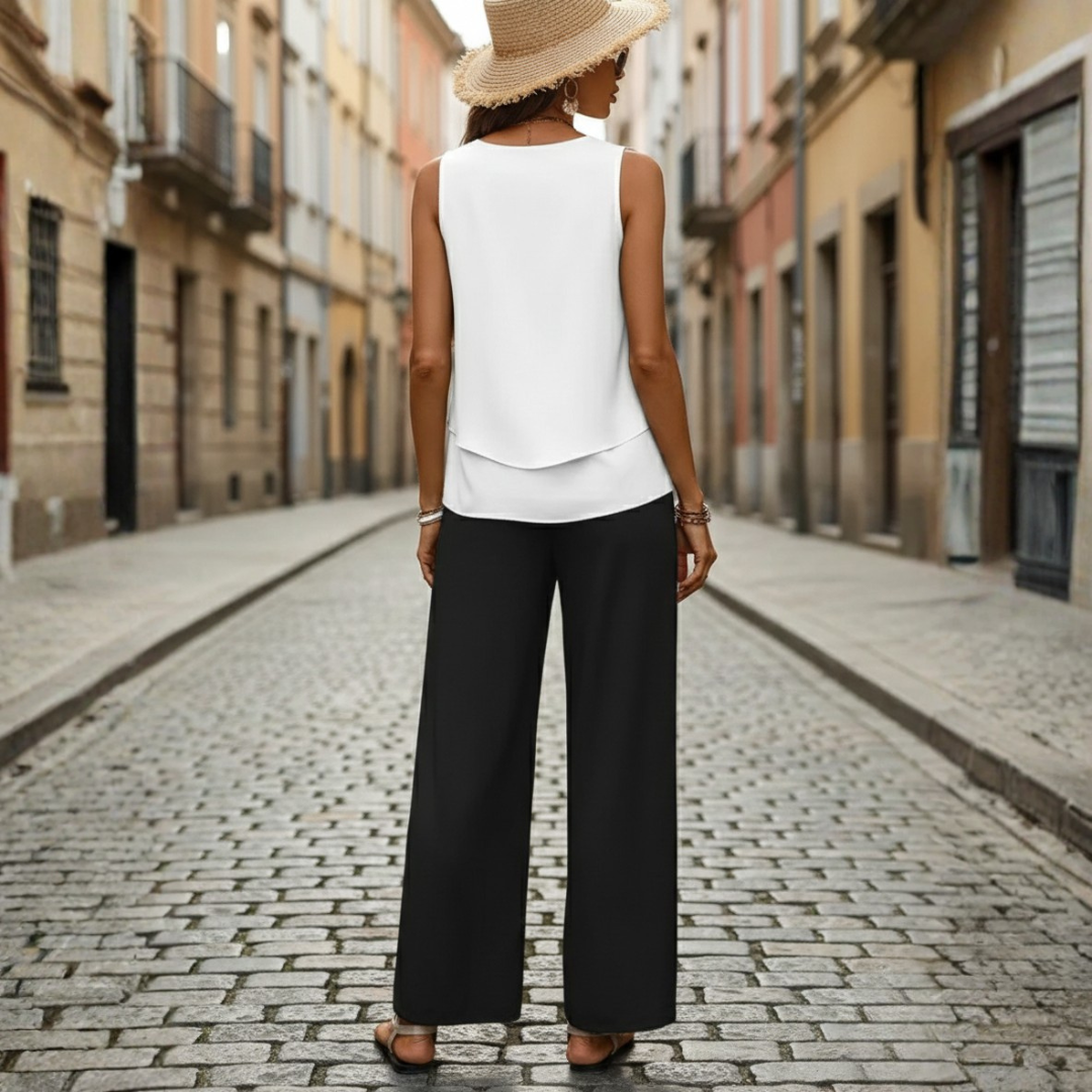 Complete Two-Piece Layered Sleeveless Top Wide Leg Pants for Women