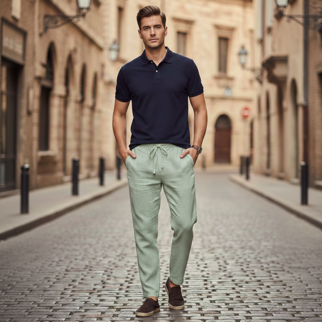 Men's Linen Pants with Drawstring and Elastic Waist Straight Leg