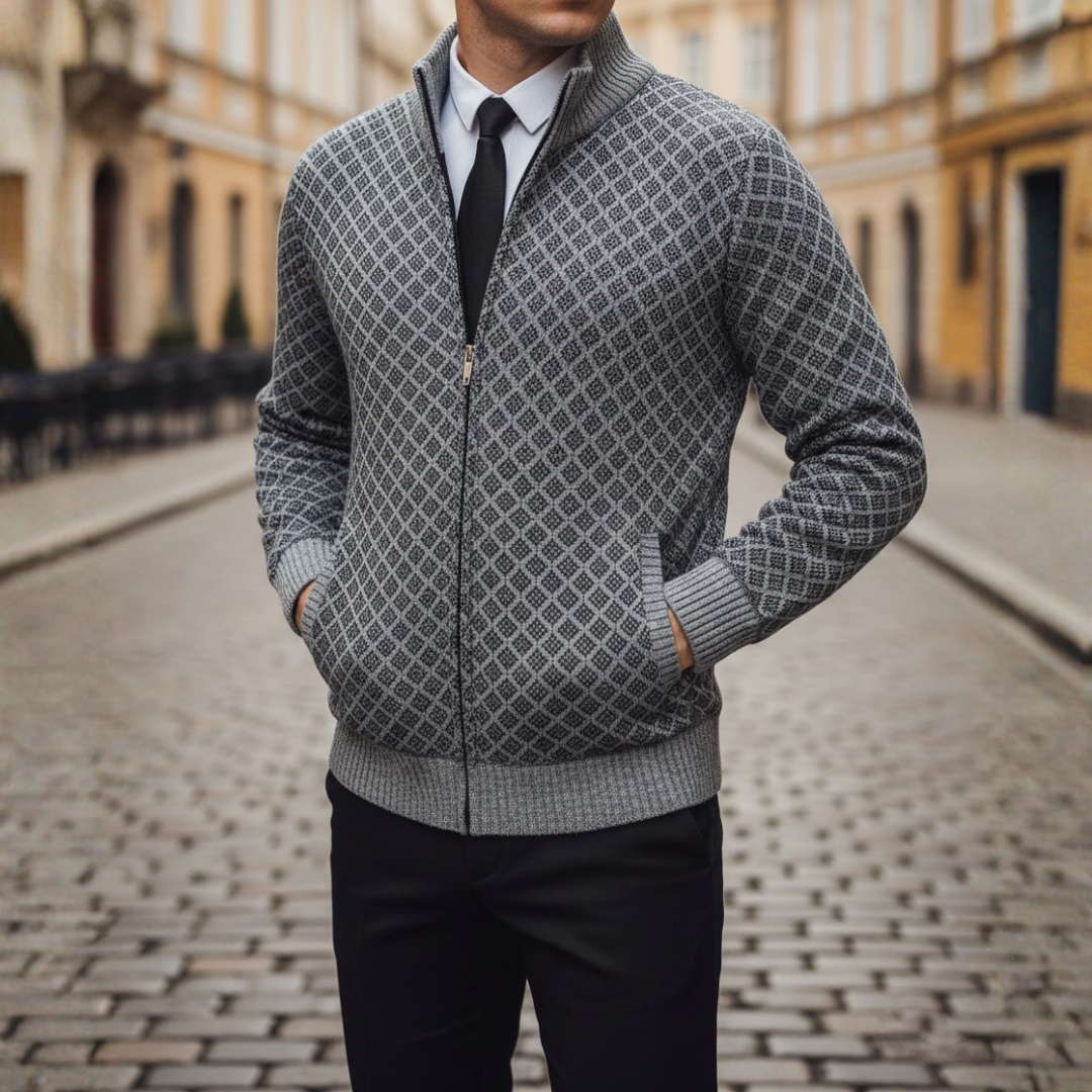 Men's Cardigan with Zip and Pattern in High-Quality Material with High Collar