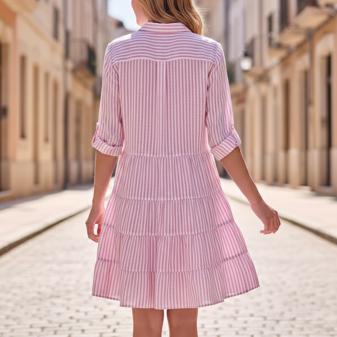Striped Ruffle Shirt Dress with Buttons for Women