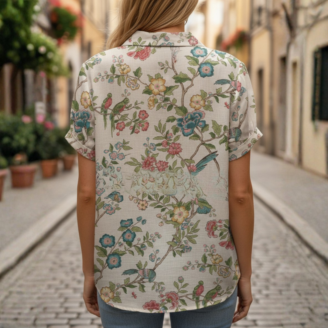 Embroidered Floral Short Sleeve Blouse with Peter Pan Collar for Women