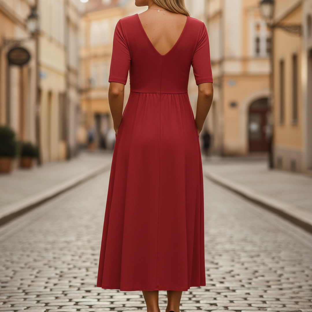 Women's Midi Dress with Pleats and V-Neck