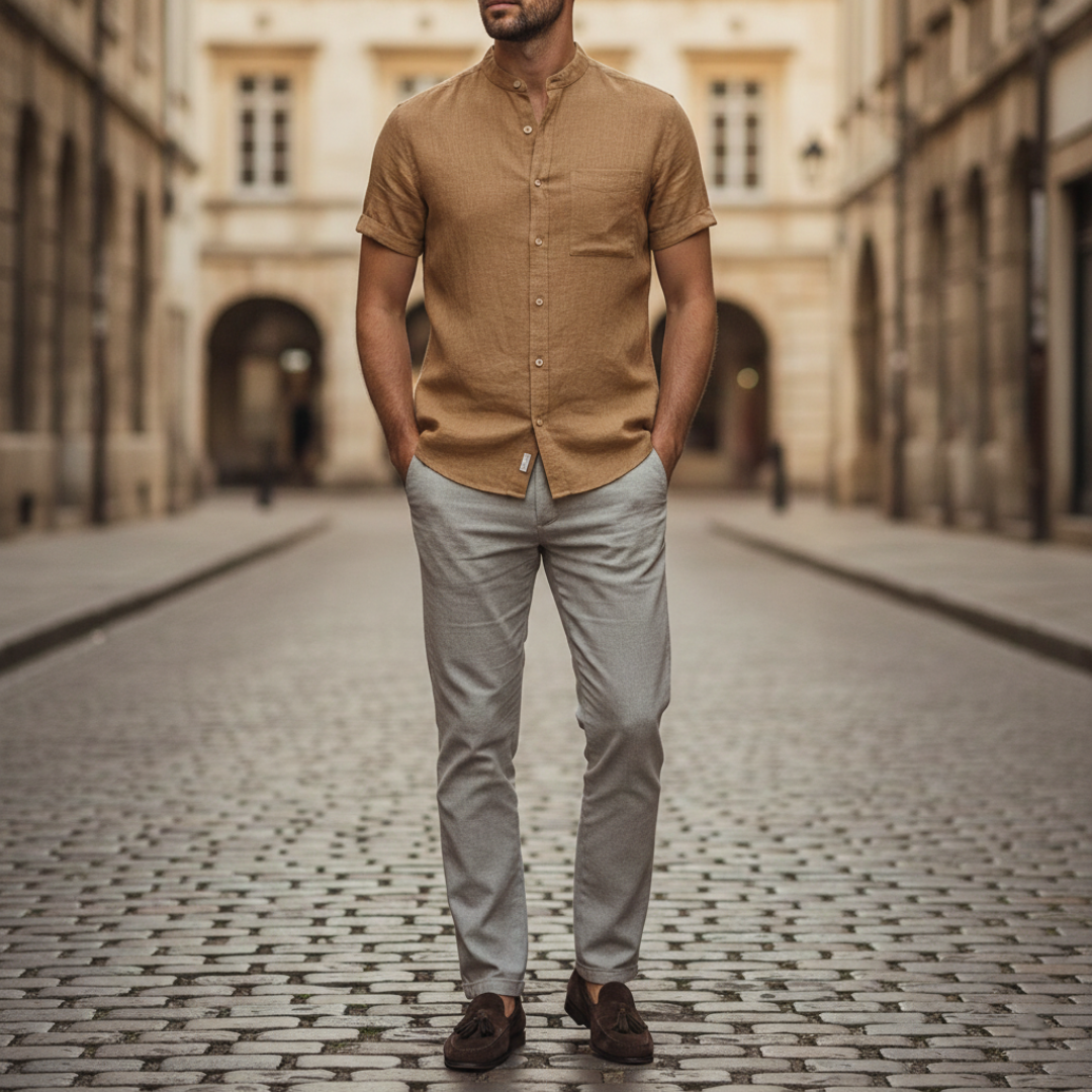 Men's Linen Short Sleeve Slim Fit Korean Collar Shirt