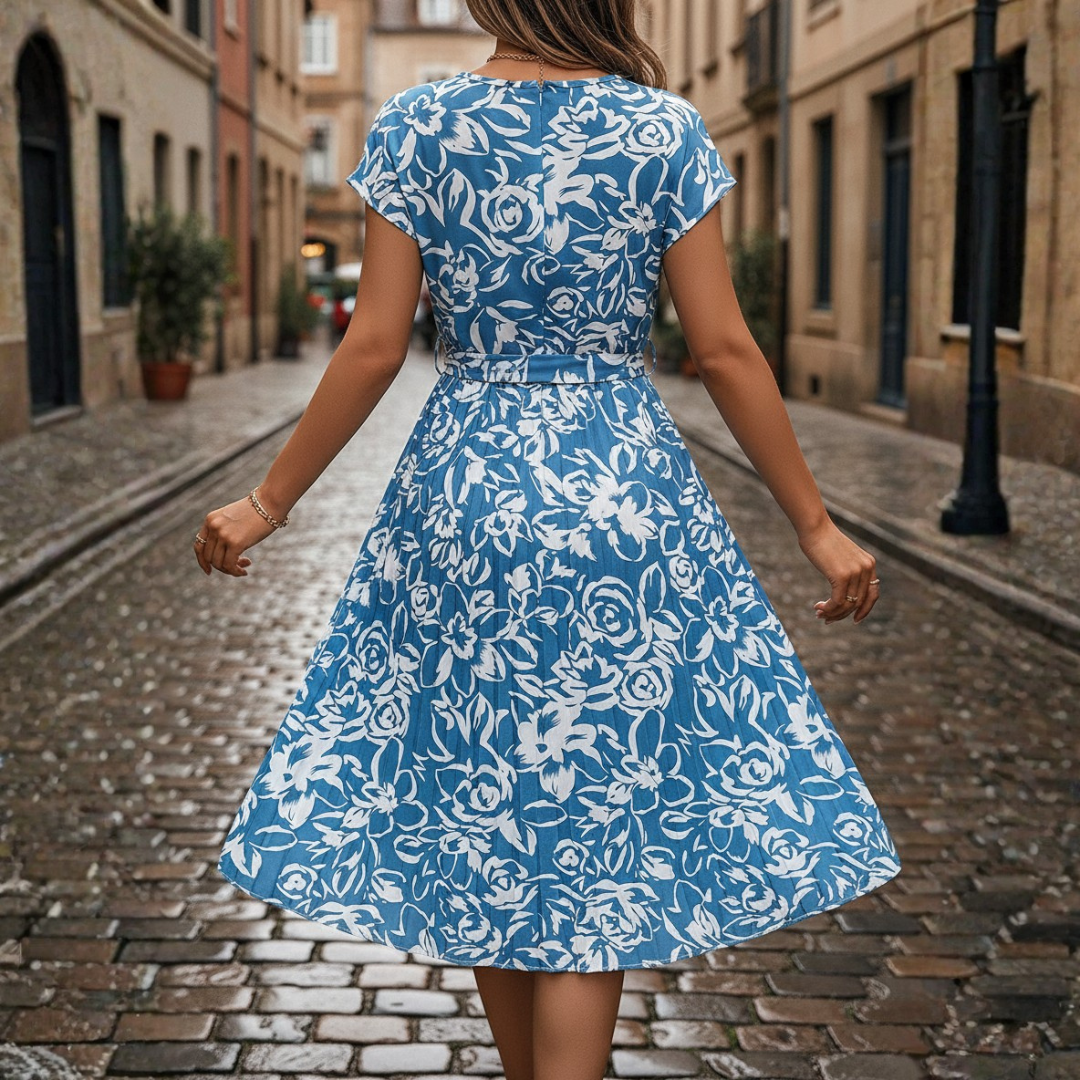 Long Women's Pleated Dress with Floral Print and Belt