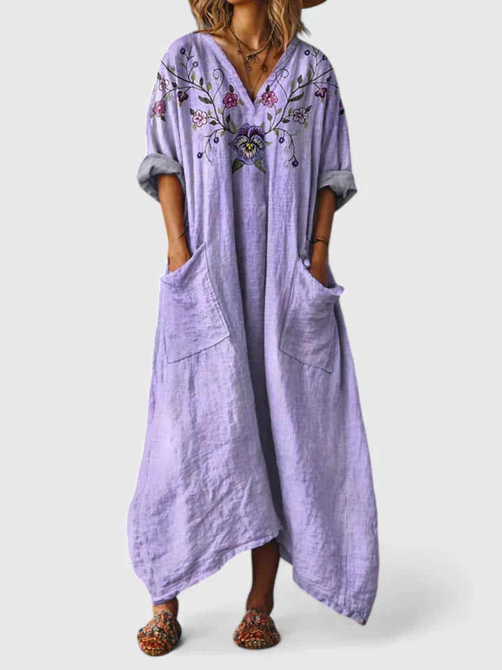 Women's Maxi Dress with Wide Fit, V-Neck, Long Sleeves