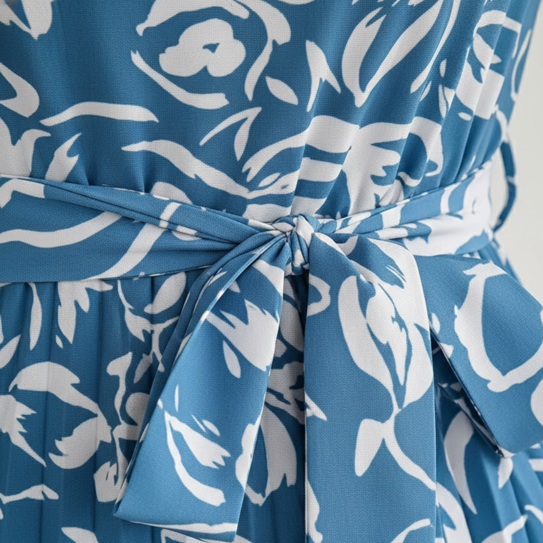 Long Women's Pleated Dress with Floral Print and Belt